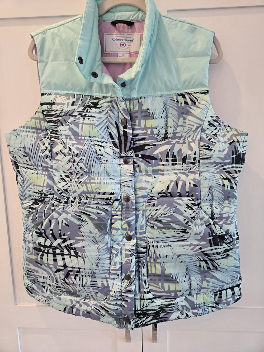 Obermeyer Women's Light Blue, Black And Lavender Patterned Puffer Vest